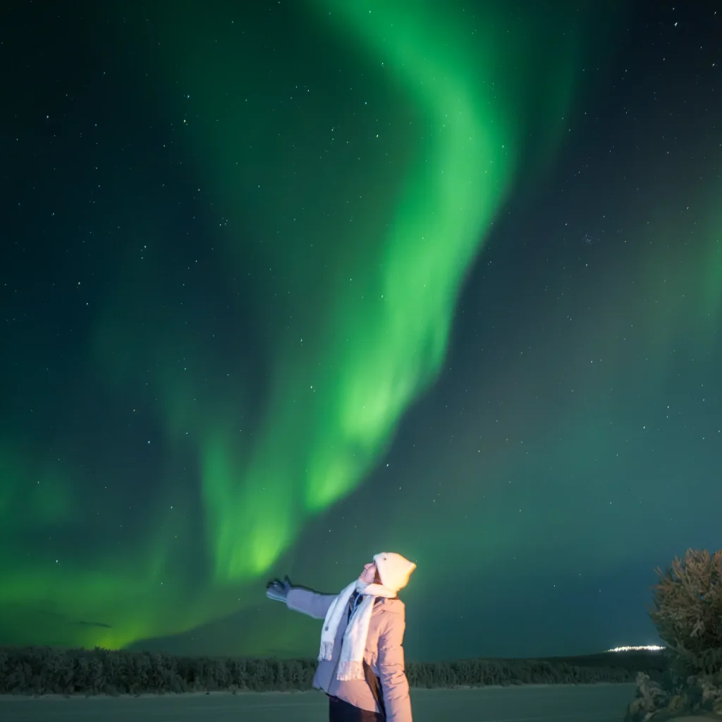 Vibrant green Northern Lights dancing above Rovaniemi